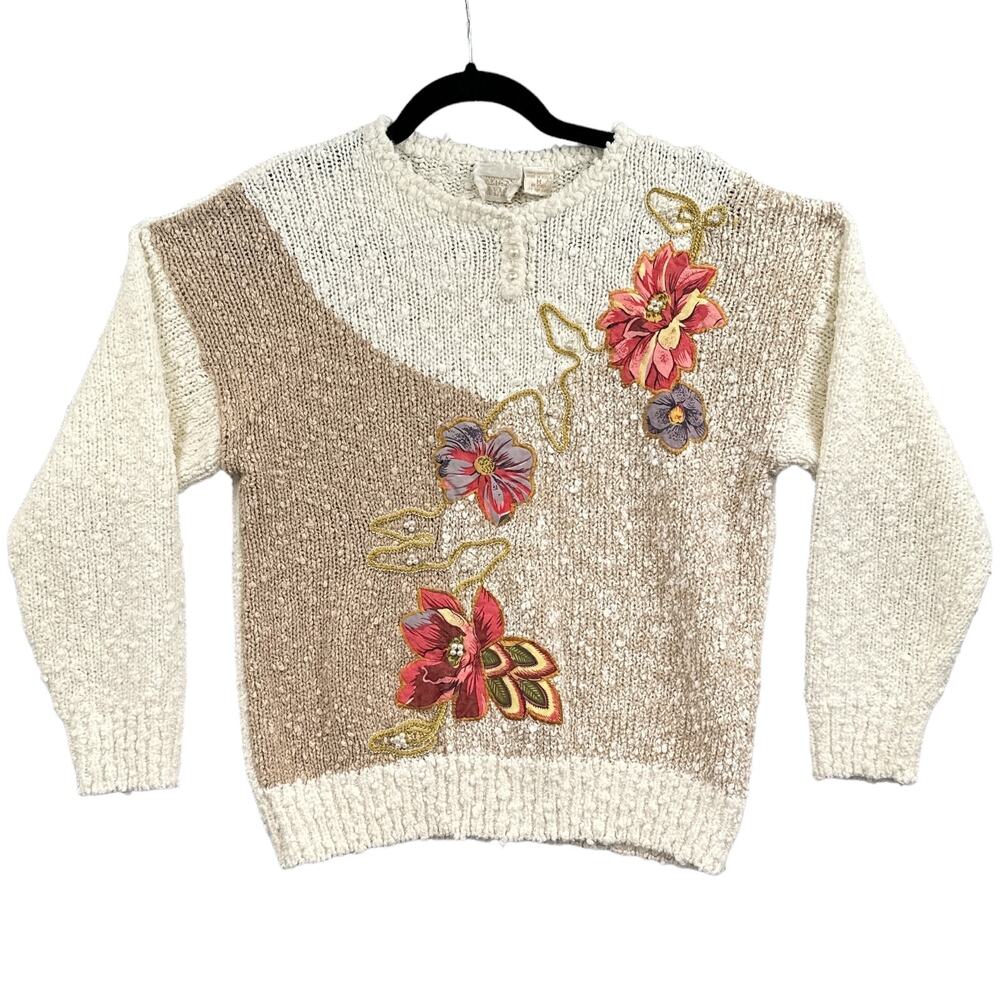 VTG Cottagecore Floral Sweater L Cream Knit Embroidered Coquette Soft Girl 90s
